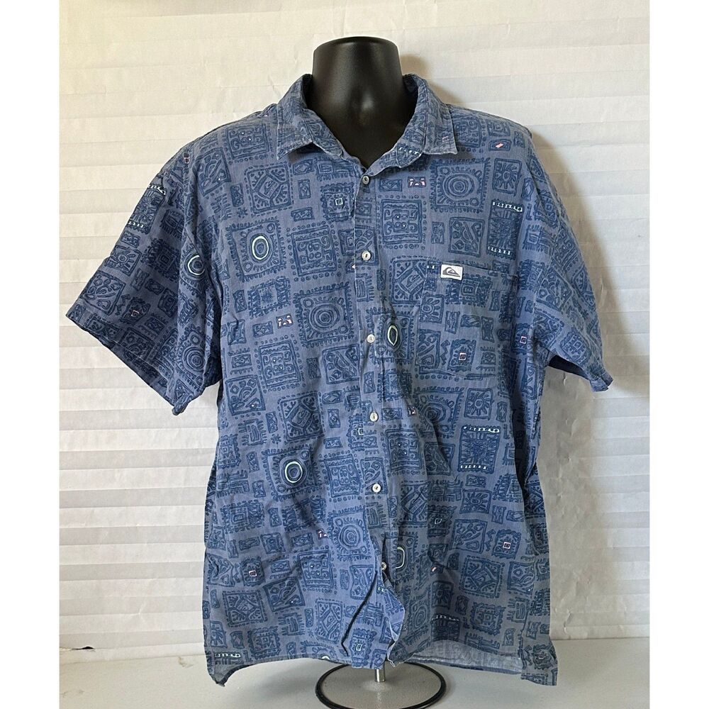 Quiksilver Blue Hawaiian Print Short Sleeve Button Down Shirt Size XL